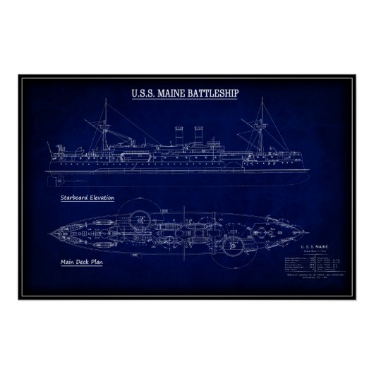 Poster Steam Battleship USS MAINE Blueprint 1894 (Devant)