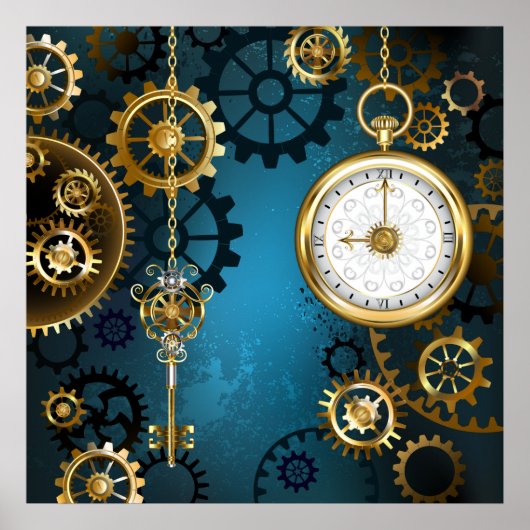Poster Steampunk Arrière - plan turquoise avec Gears (Devant)