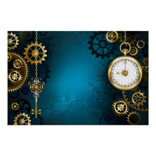 Poster Steampunk Arrière - plan turquoise avec Gears (Devant)