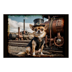 Poster Steampunk Chihuahua et train