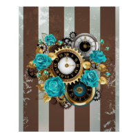 Steampunk Clock and Turquoise Roses on Striped