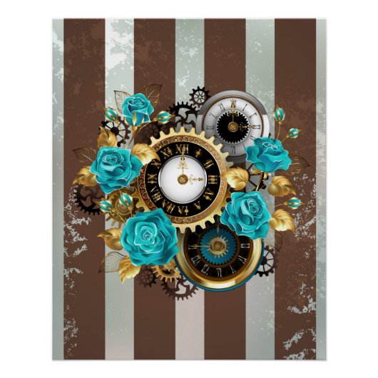 Poster Steampunk Clock and Turquoise Roses on Striped (Devant)