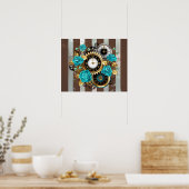 Poster Steampunk Clock and Turquoise Roses on Striped (Cuisine)