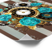 Poster Steampunk Clock and Turquoise Roses on Striped (Coin)