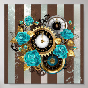Poster Steampunk Clock and Turquoise Roses on Striped