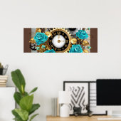 Poster Steampunk Clock and Turquoise Roses on Striped (Bureau à domicile)