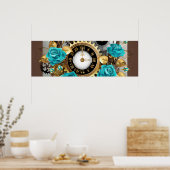 Poster Steampunk Clock and Turquoise Roses on Striped (Cuisine)