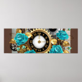 Poster Steampunk Clock and Turquoise Roses on Striped (Devant)