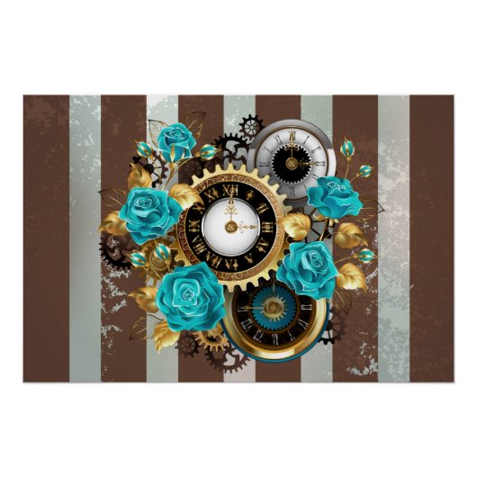 Poster Steampunk Clock and Turquoise Roses on Striped (Devant)