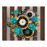 Steampunk Clock and Turquoise Roses on Striped