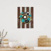 Poster Steampunk Clock and Turquoise Roses on Striped (Cuisine)