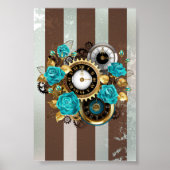 Poster Steampunk Clock and Turquoise Roses on Striped (Devant)