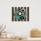 Poster Steampunk Clock and Turquoise Roses on Striped (Cuisine)