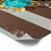 Poster Steampunk Clock and Turquoise Roses on Striped (Coin)