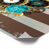 Poster Steampunk Clock and Turquoise Roses on Striped (Coin)