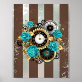 Poster Steampunk Clock and Turquoise Roses on Striped (Devant)
