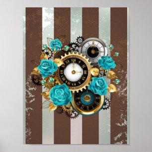 Poster Steampunk Clock and Turquoise Roses on Striped