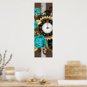 Poster Steampunk Clock and Turquoise Roses on Striped (Cuisine)