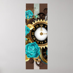 Poster Steampunk Clock and Turquoise Roses on Striped