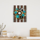 Poster Steampunk Clock and Turquoise Roses on Striped (Cuisine)