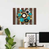 Poster Steampunk Clock and Turquoise Roses on Striped (Bureau à domicile)