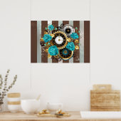 Poster Steampunk Clock and Turquoise Roses on Striped (Cuisine)