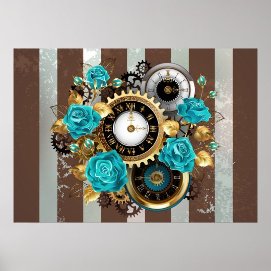 Poster Steampunk Clock and Turquoise Roses on Striped (Devant)