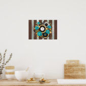 Poster Steampunk Clock and Turquoise Roses on Striped (Cuisine)