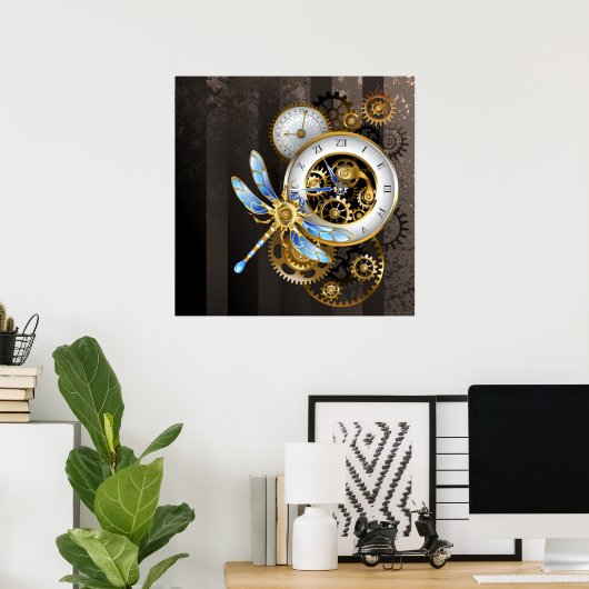 Poster Steampunk Clock with Mechanical Dragonfly (Bureau à domicile)