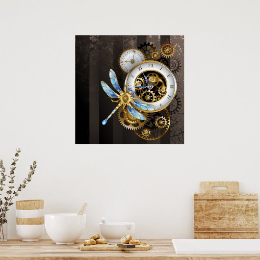 Poster Steampunk Clock with Mechanical Dragonfly (Cuisine)
