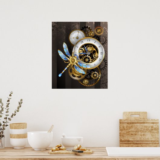 Poster Steampunk Clock with Mechanical Dragonfly (Cuisine)