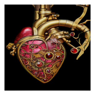 Poster Steampunk Coeur Anatomique rubis et engrenages