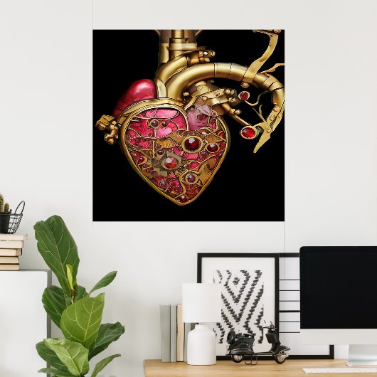 Poster Steampunk Coeur Anatomique rubis et engrenages (Bureau à domicile)