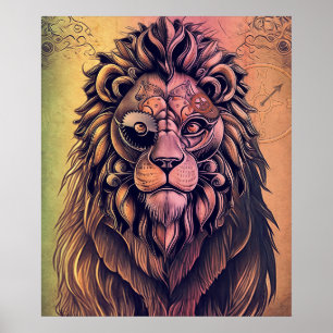 Poster Steampunk Couleur Gradient Lion Rustique