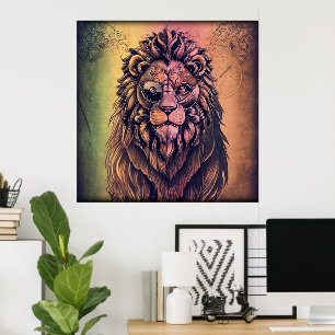 Poster Steampunk Couleur Gradient Lion Rustique