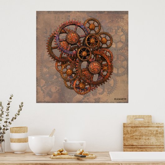 Poster Steampunk Gears En Métal Rusté Avec Ombres (Cuisine)