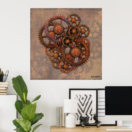 Poster Steampunk Gears En Métal Rusté Avec Ombres (Bureau à domicile)