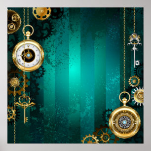 Poster Steampunk Jewelry Watch on a Green Background