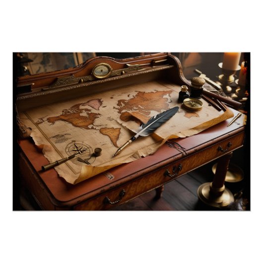 Poster Steampunk Olde Worlde Carte et bureau (Devant)