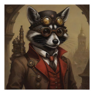 Poster Steampunk Raccoon Portrait Artistique
