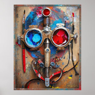 Poster Steampunk Red Blue Goggings Graffiti