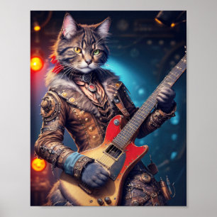 Poster Steampunk rock cat jouant de la guitare sur scène