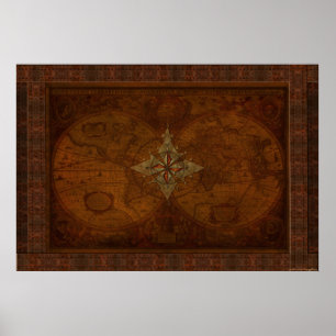 Poster Steampunk Vieux Monde Carte & Compass Rose Design