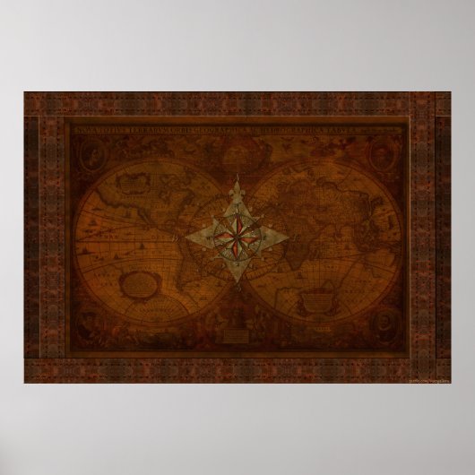 Poster Steampunk Vieux Monde Carte & Compass Rose Design (Devant)