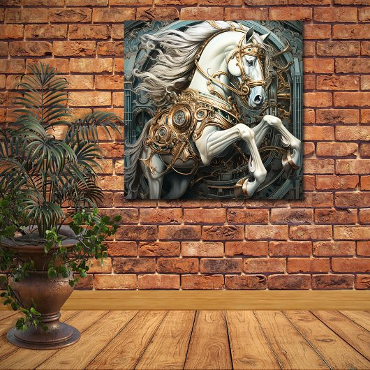 Poster Steampunk White Stallion Gold Gears Emerald Gems