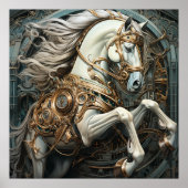 Poster Steampunk White Stallion Gold Gears Emerald Gems (Devant)