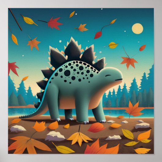 Poster Stegosaurus Automne avec Feuilles : Mignons Mur Ar (Devant)