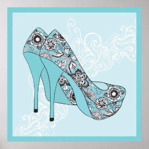 Poster Stiletto Floral Shoes In Blue Black & White Accent