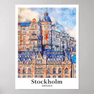 Poster Stockholm Suède Sketch Aquarelle de voyage