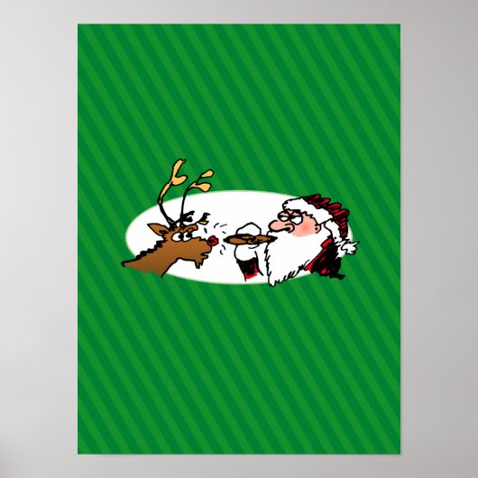 Poster Stogie Père Noël et Reindeer sur Green Stripes (Devant)